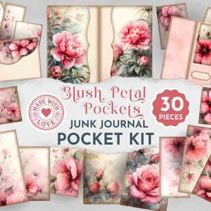 May include: A collection of 30 pieces of "Blush Petal Pockets" junk journal pocket kit. The kit includes various paper ephemera with watercolor floral designs in shades of pink, red, and cream. The kit includes pockets, tags, and journal inserts.