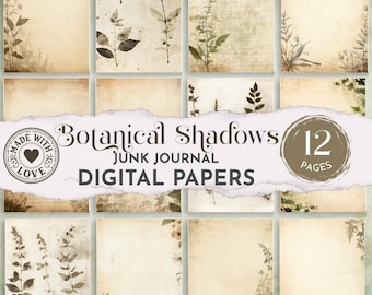 May include: A collection of 12 digital papers featuring botanical illustrations and aged parchment textures. The text Botanical Shadows Junk Journal Digital Papers and Made With Love are displayed over the grid of beige and brown floral designs.