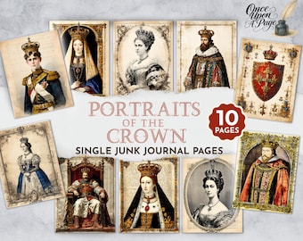 Media página para diario de recortes, Retratos de la Corona, Páginas de diario de recortes reales vintage, Papel digital de efímeros reales, Kit de álbum de recortes victoriano