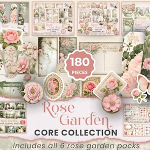 Rosenträdgårdsskräpjournalkit, vintageblommigt ephemerapaket, shabby chic-journalsidor, utskrivbar kärnsamling
