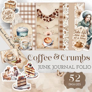 Junk Journal folio thème café, étiquettes imprimables pochettes cartes papier taché éphémère kit vintage amateur de café Junk Journal arrière-plans JJ003