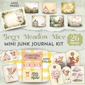 Berry Meadow Mice Mini Junk Journal Kit, Strawberry Mouse Ephemera cards & tags, Printable Folio and Pages Cottagecore Junk Journal Supplies