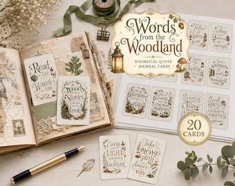 Citas originales para diario creativo, juego de tarjetas imprimibles, efímeros de estilo cottagecore con temática de bosque, etiquetas vintage de cuentos, descarga digital JJ162