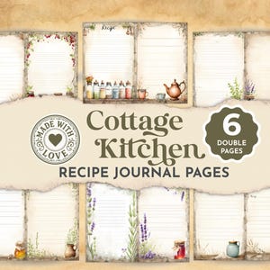 Può includere: Pagine del diario di ricette Cottage Kitchen con un design vintage. Le pagine presentano carta a righe e bordi decorativi con erbe e bacche. Il design include il testo "Made with Love" e "6 pagine doppie".