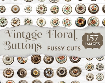 Puede incluir: Una colección de botones circulares con diversos diseños florales, ilustraciones botánicas y texturas metálicas. La imagen incluye el texto Vintage Floral Buttons 157 IMAGES FUSSY CUTS, mostrado sobre una superposición de papel rasgado.