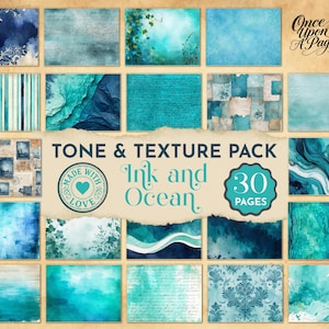 Może przedstawiać: Kolekcja 30 cyfrowych papierów o różnych fakturach i odcieniach niebieskiego i turkusowego. Pakiet zatytułowany "Tone & Texture Pack Ink and Ocean" zawiera projekty z efektami akwareli, wzorami i odręcznym tekstem. Obecne jest również logo z sercem i napisem "Made with Love".