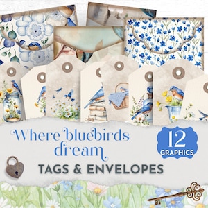 Junk Journal Tags & Envelopes, Bluebird Printable Ephemera, Vintage Junk Journal Kit, Shabby Chic Floral Pocket Tags, collage sheet JJ004