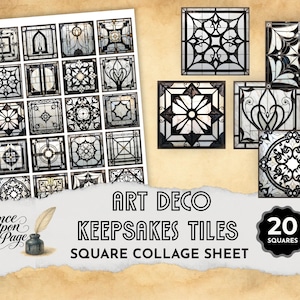 May include: A collage sheet featuring 20 Art Deco keepsake tiles with intricate black and white designs. The tiles are square and vary in pattern, with floral and geometric motifs. The sheet includes a quill and inkwell illustration.