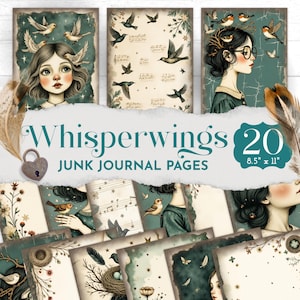 Whisper wings Junk Journal Pages, Surreal Bird-Themed Kit, Vintage Style Printable Backgrounds, Fairytale Paper, Soft Grunge Ephemera JJ014