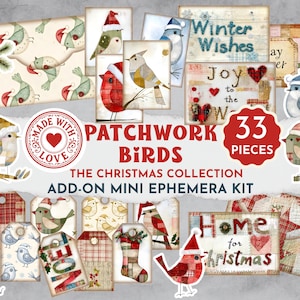 Peut inclure: Un ensemble d'éphémères sur le thème de Noël avec des oiseaux en patchwork. L'ensemble comprend des étiquettes, des cartes et des éléments décoratifs avec des motifs festifs, avec les textes "Winter Wishes", "Joy to the World" et "Home for Christmas". Contient 33 pièces.