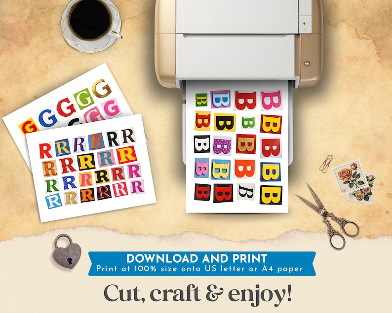 May include: A printer is shown with sheets of colorful letter stickers. The letters are in various fonts and colors. The text on the image says "Download and Print" and "Cut, craft & enjoy!"