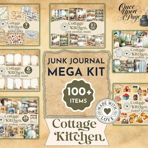 May include: A collage of paper ephemera for junk journaling, featuring the "Cottage Kitchen" theme. Includes envelopes, journal pages, tags, cards, and fussy cuts. The kit contains over 100 items with a vintage aesthetic.