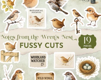 Diario de aves con recortes desenfadados, efímeras imprimibles de chochín, clip art de nido y pluma, kit de scrapbooking de naturaleza, diario de aves JJ045