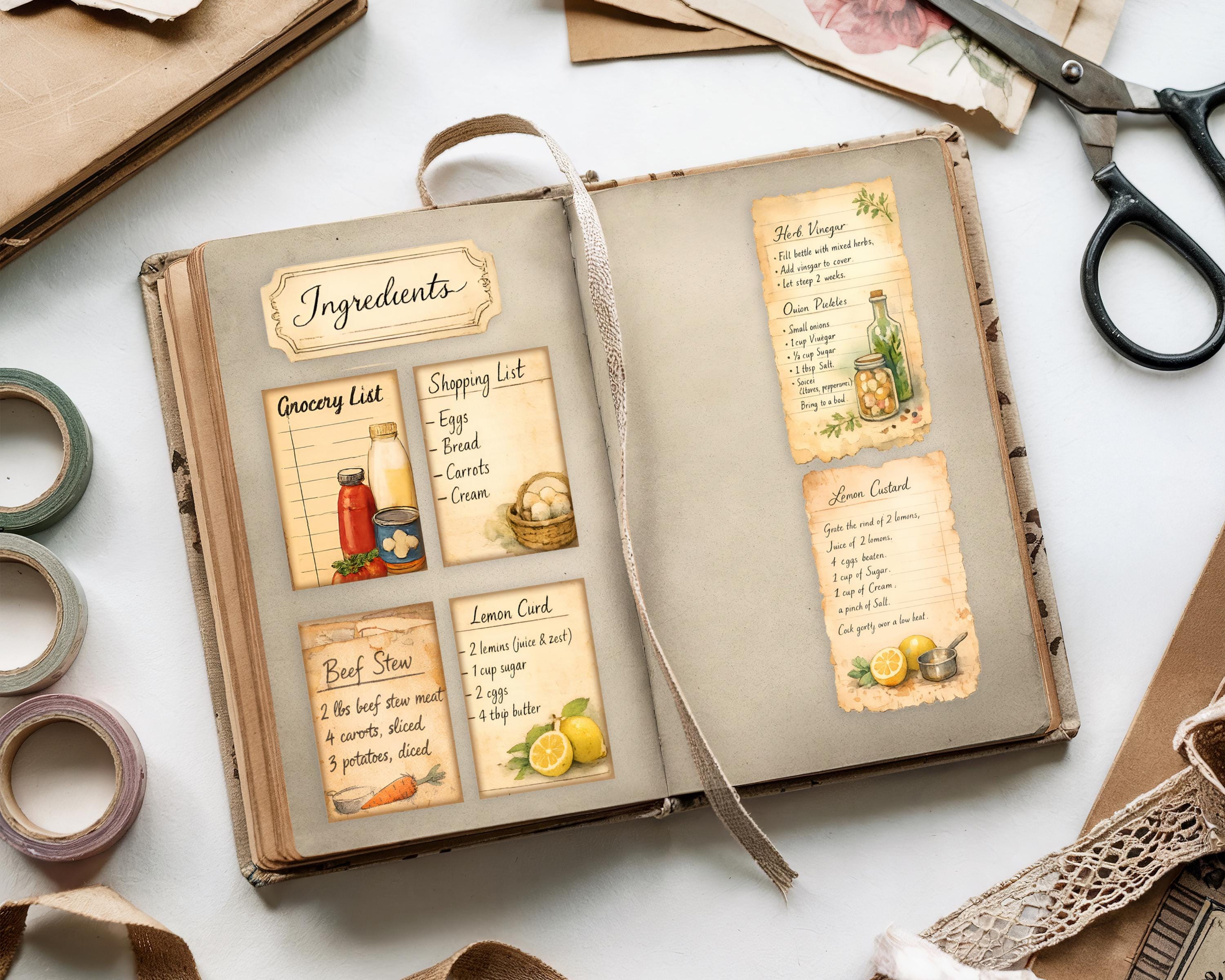 Printable Junk Journal Kitchen Theme, Recipe Printable Ephemera Kit, Cottage Kitchen Recipe ...