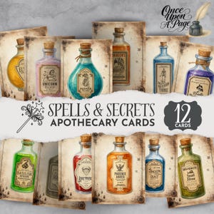 Może przedstawiać: Zestaw 12 kart aptecznych z ilustracjami butelek z miksturami. Każda butelka ma inny kolor i jest oznaczona nazwami takimi jak "Unicorn Blood" i "Mermaid Tears". Karty mają motyw fantasy i styl vintage.