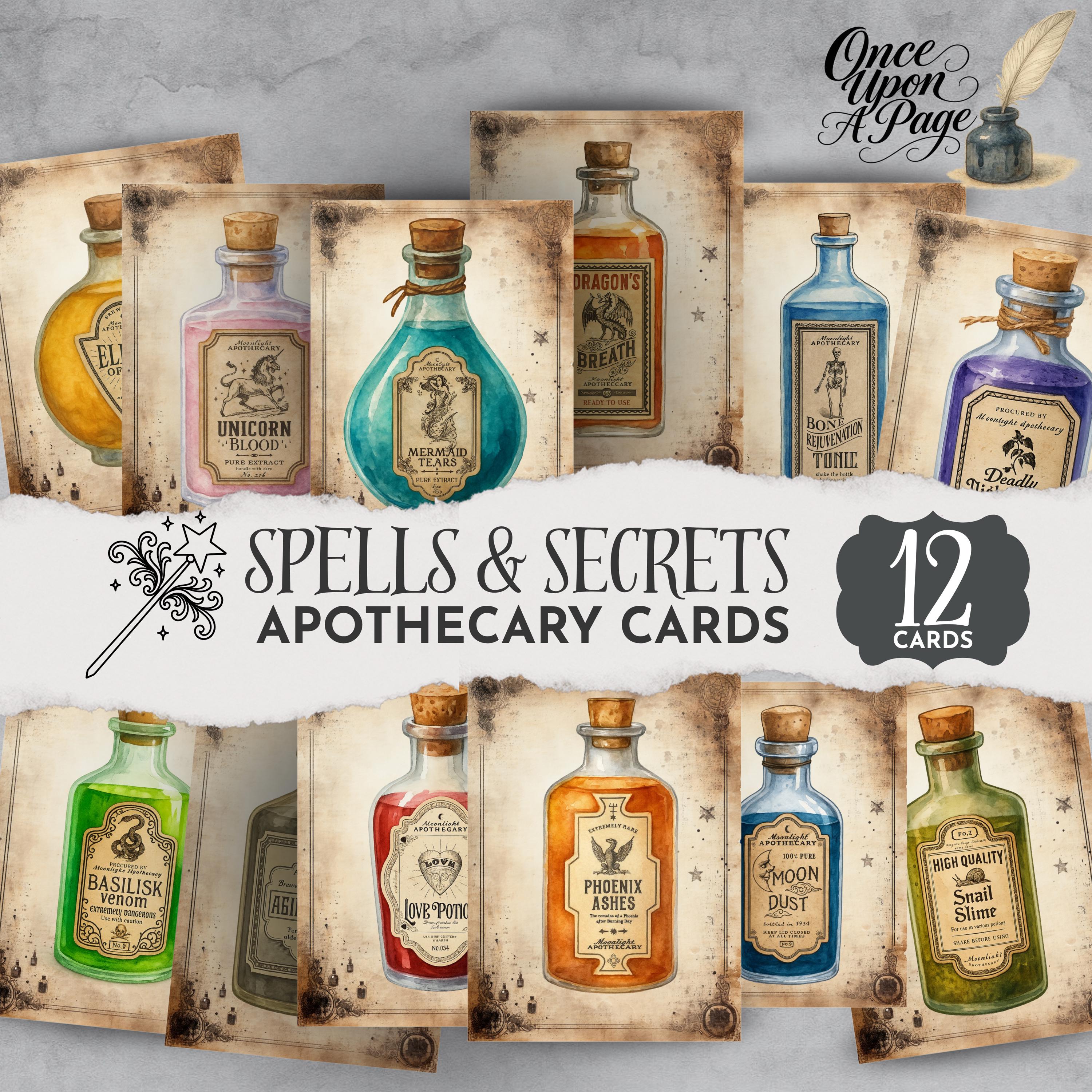 Spells and Secrets Potion Bottle Cards, Halloween Apothecary Printable, Magic Junk Journal Ephemera Potion Labels Clipart Witchy Decor SC002
