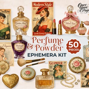 Junk Journal Efemere, Parfum en Poeder Efemere Kit, Afdrukbare vintage ijdelheid, Labels Make-up Parfum, Uitsparingen Modemagazine