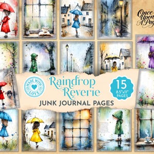 Puede incluir: Una colección de 15 páginas de diario basura en acuarela con el tema del día lluvioso. Cada página presenta a una persona con un paraguas, en varios colores, caminando bajo la lluvia. El texto "Raindrop Reverie" y "8.5"x11" PAGES" son visibles.