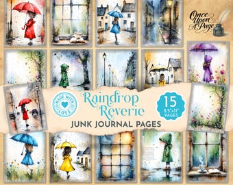 Regendruppels Reverie Junk Journal-pagina's, Rainy Day afdrukbare Journal Kit, Paraplu Girl Junk Journaling Paper, Rain Ephemera Scrapbook JJ084