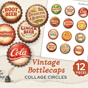 Vintage Drink Bottlecaps Digital Collage Sheet, Printable Junk Journal Ephemera, Retro Soda Bottle Tops, Cola Beer Lemonade Circles