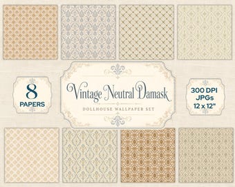 Papel pintado Damasco para casa de muñecas, juego de papel pintado Damasco neutro vintage para casa de muñecas, colores surtidos, 8 diseños imprimibles, decoración para casa de muñecas a escala 1:12
