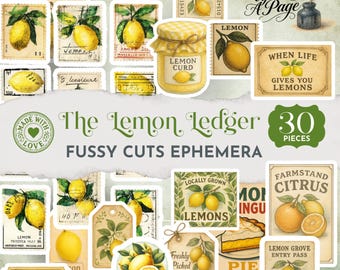 Puede incluir: Una colección de 30 recortes efímeros con temática de limón que presentan ilustraciones de estilo vintage de limones, frascos de lemon curd y etiquetas de texto como Freshly Picked, Lemon Grove Entry Pass y When Life Gives You Lemons.