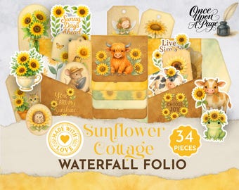 Kit de álbum de recortes con temática de girasoles, imprimibles estilo cottagecore, etiquetas y adornos con bolsillos estilo cascada, set de álbum de recortes rústico de verano JJ041