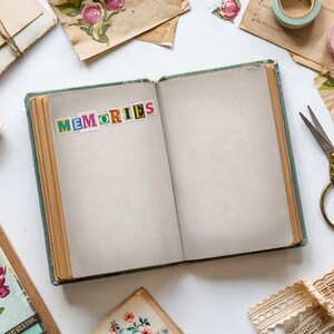 May include: An open vintage book with the word "MEMORIES" in colorful letters. The book is surrounded by craft supplies, including scissors, washi tape, and floral-themed paper. The pages are aged and blank, ready for journaling.