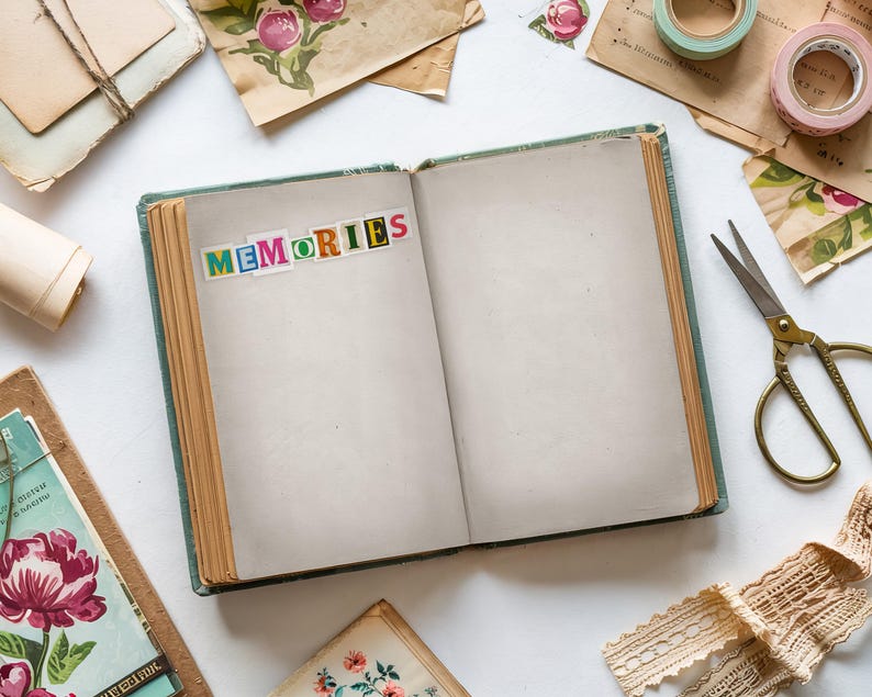 May include: An open vintage book with the word "MEMORIES" in colorful letters. The book is surrounded by craft supplies, including scissors, washi tape, and floral-themed paper. The pages are aged and blank, ready for journaling.