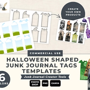 Junk Journal Tag Templates PSD and Canva, Halloween Shaped Cut Files, Bat Ghost House Cat Silhouette, Commercial Use Creator Tool JT007