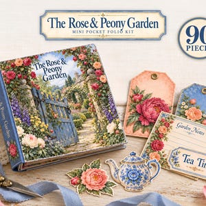 May include: A 90-piece The Rose & Peony Garden mini pocket folio kit featuring a square book with a garden gate illustration, floral tags, a Garden Notes card, a Tea Time label, and a teapot cutout, all with floral motifs.