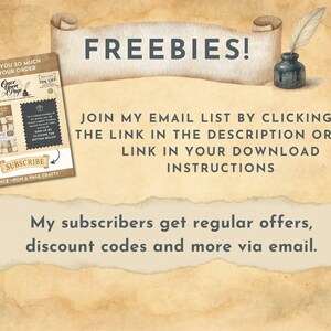May include: A vintage-style graphic with the word "FREEBIES!" on a scroll. It includes a flyer with "SUBSCRIBE" button and text: "Join my email list" and "My subscribers get regular offers, discount codes and more via email."