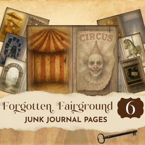 Pages de journal indésirable des champs de foire oubliés, papier imprimable du cirque abandonné, éphémères effrayantes du carnaval, arrière-plans effrayants, foire vintage JJ001