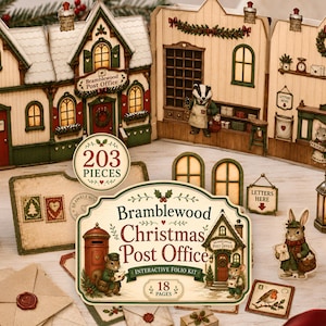 May include: A Bramblewood Christmas Post Office interactive folio kit with 203 pieces and 18 pages. The set includes a cardboard post office building, a red mailbox, animal character cutouts, envelopes with wax seals, and a small lantern.