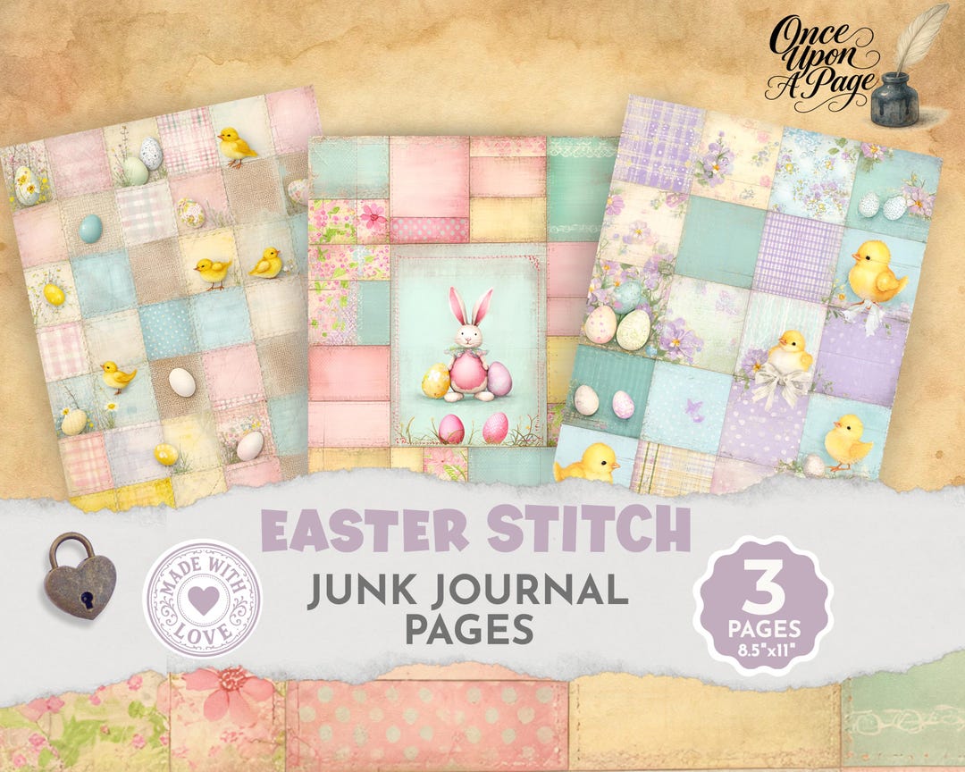 Spring Journal Quilt Easter Stitch Junk Journal Paper, Patchwork Quilt Pages, Easter Journal ...