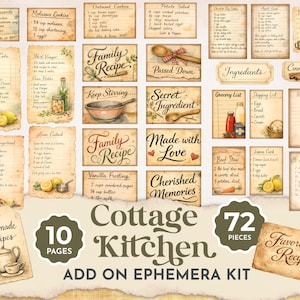 Może przedstawiać: Zestaw ephemera w stylu vintage z 72 elementami, zawierający karty z przepisami, listy zakupów i elementy dekoracyjne. Zestaw zawiera karty z przepisami na zapiekankę z kurczaka, ciasto cytrynowe i inne przepisy. Motywem przewodnim jest "Cottage Kitchen".