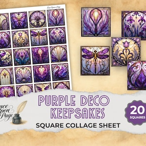 May include: A collage sheet and individual squares featuring purple Art Deco designs. The designs include floral, dragonfly, and geometric patterns. The text reads "Purple Deco Keepsakes" and "20 Squares".