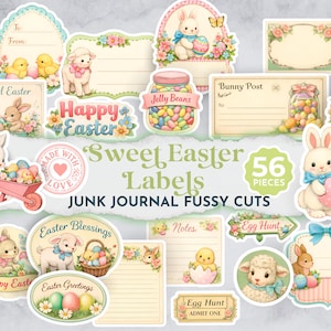 Puede incluir: Una colección de 56 etiquetas Sweet Easter, perfectas para diarios basura. Las etiquetas presentan conejitos, corderos, pollitos y huevos de Pascua. Algunas etiquetas incluyen texto como "Happy Easter" y "Egg Hunt". Las etiquetas son en colores pastel.