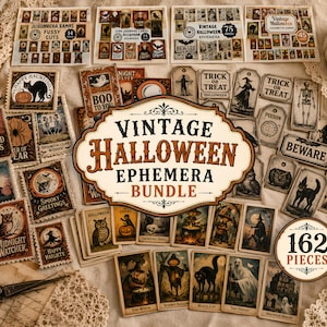 May include: A collection of vintage Halloween ephemera featuring 162 pieces, including small cards and tags with illustrations of black cats, skeletons, witches, pumpkins, and haunted houses, with text such as Trick or Treat, Beware, and Haunted Nights.