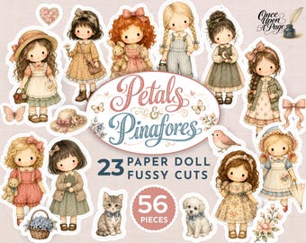 Junk Journal Doll Fussy Cut, Cute Paper Dolls Printable, Paper Doll Cut Outs, Ephemera Paper Dolls for Girls, Vintage Pinafore Dolls JJ140
