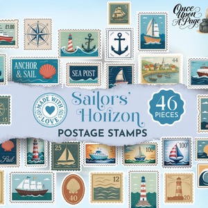 May include: A collection of 46 vintage-style postage stamps with a nautical theme. The stamps feature illustrations of sailboats, lighthouses, anchors, compasses, and other maritime elements in shades of blue, beige, and red. Text includes "Sailors' Horizon" and "Postage Stamps".