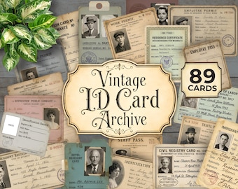 Puede incluir: Una colección de 89 tarjetas de identificación, permisos de trabajo y documentos de registro antiguos con retratos en blanco y negro, texto mecanografiado y sellos oficiales. Una etiqueta central dice Vintage ID Card Archive.