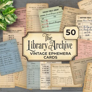 May include: A collection of vintage library ephemera cards, featuring various colors and designs. The cards include text such as "The Library Archive" and "Vintage Ephemera Cards". Some cards have handwritten notes and dates, creating a nostalgic aesthetic.