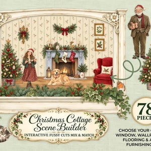 Può includere: Un set per la creazione di scene di cottage natalizio con 78 pezzi, tra cui un camino, una persona con cappello da Babbo Natale, un golden retriever, una poltrona rossa, alberi di Natale, pettirossi, un gatto e decorazioni da parete.