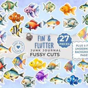 Puede incluir: Una colección de 27 pegatinas de peces en acuarela de varios colores, incluyendo naranja, amarillo, azul y morado. Las pegatinas están etiquetadas como "Fin & Flutter" y "Junk Journal Fussy Cuts."