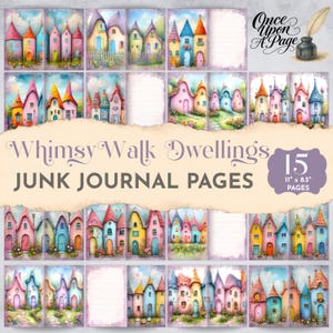 Può includere: Una collezione di 15 pagine di diario spazzatura stravaganti. Ogni pagina presenta un'illustrazione ad acquerello di case colorate e fiabesche. Le pagine misurano 27,9 cm x 21,6 cm e includono il testo "Whimsy Walk Dwellings" e "JUNK JOURNAL PAGES".