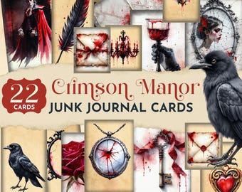 Vampire Junk Journal Cards, Gothic Halloween Printable Ephemera, Spooky Vampire Scrapbook Set, Dracula Blood Red Collage Sheets JJ054