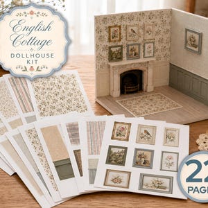 Peut inclure: Un kit de maison de poupée English Cottage comprenant une pièce miniature avec cheminée, papier peint floral et lambris. L'ensemble inclut 22 pages de feuilles imprimées avec divers motifs de papier peint et des cadres pour la décoration.