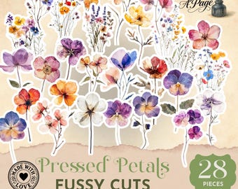 Kit de recortes de pétalos prensados, flores prensadas para diario basura, efímeras botánicas imprimibles, flores vintage para scrapbooking y manualidades JJ058