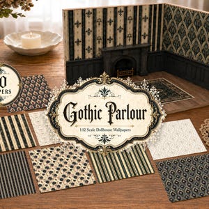 May include: A set of 10 sheets of 1:12 scale dollhouse wallpaper featuring various patterns including black and cream stripes, floral motifs, and geometric designs. The collection is labeled Gothic Parlour and includes a miniature room display.